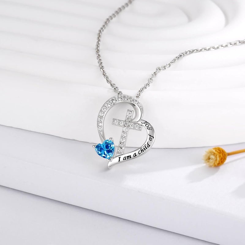 MANBU Sterling Silver Cross Necklace for Girls: Heart Birthstone I am a Child of God Pendant Religious Jewelry Baptism First Communion Confirmation Gifts for Teens - Image 1